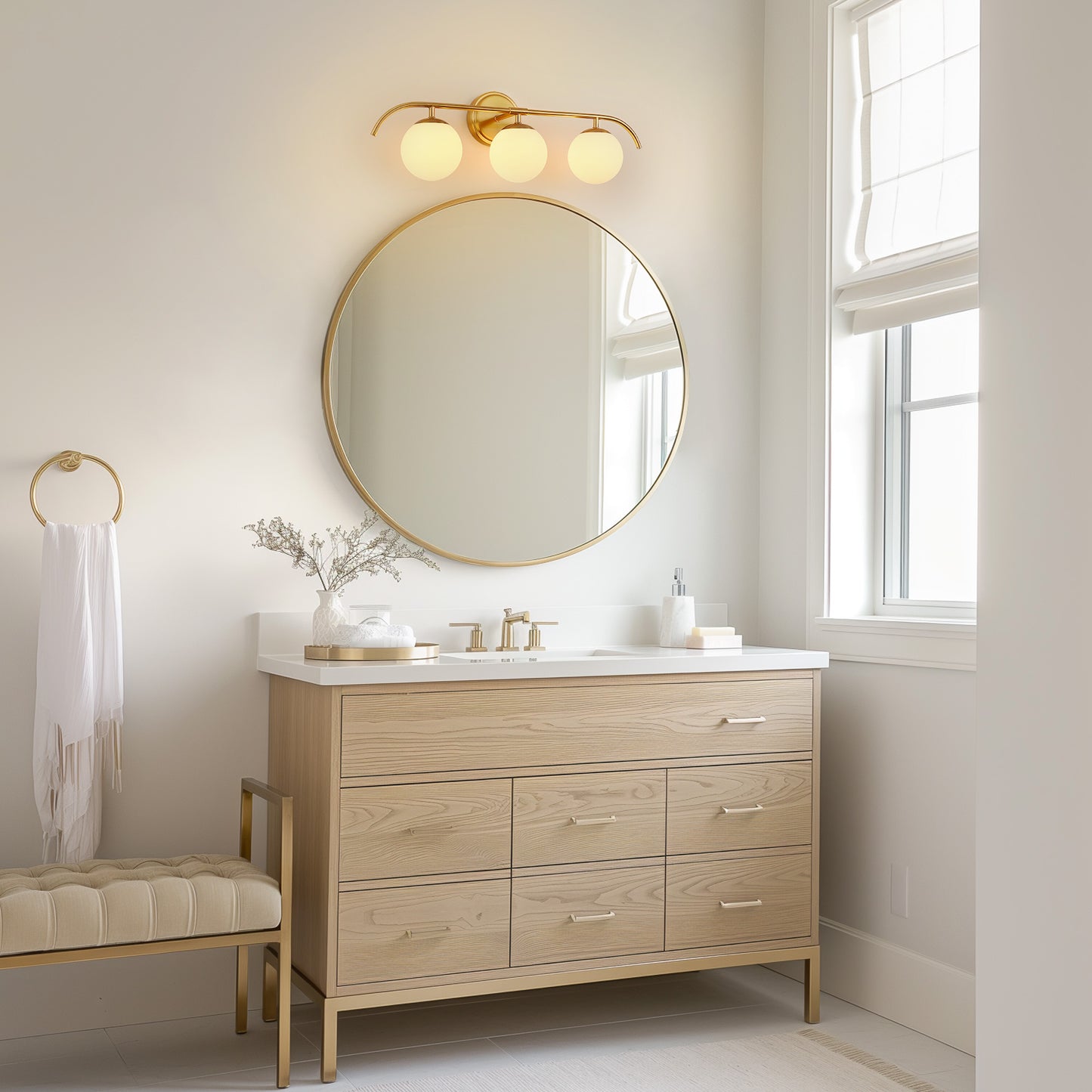24 in. 3-Light Brass Vanity Light Fixture with Frosted Glass Globes Modern Wall Sconce for Bathroom, Mirror, and Hallway
