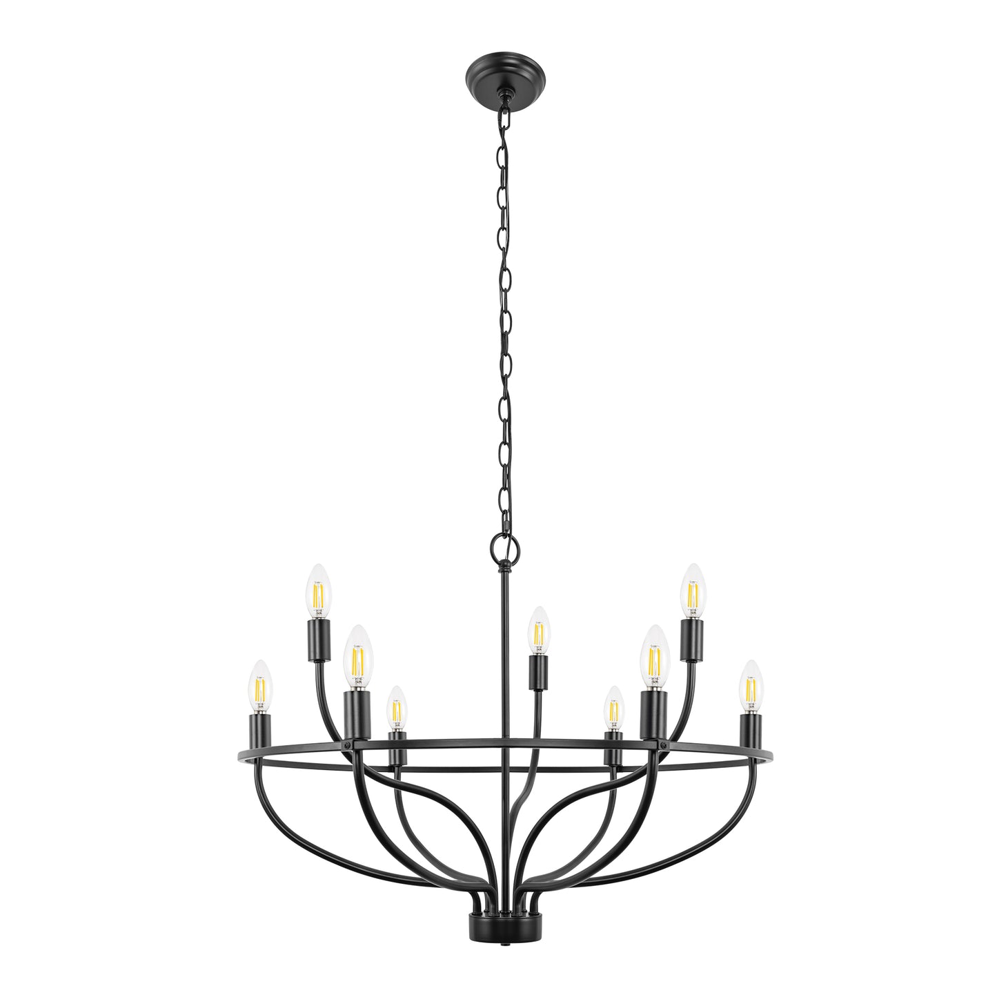 YANSUN 9-Light Black Large Circle Chandelier, 28.5-Inch Round Ring Wagon Wheel Pendant Light for Dining Room or Living Room