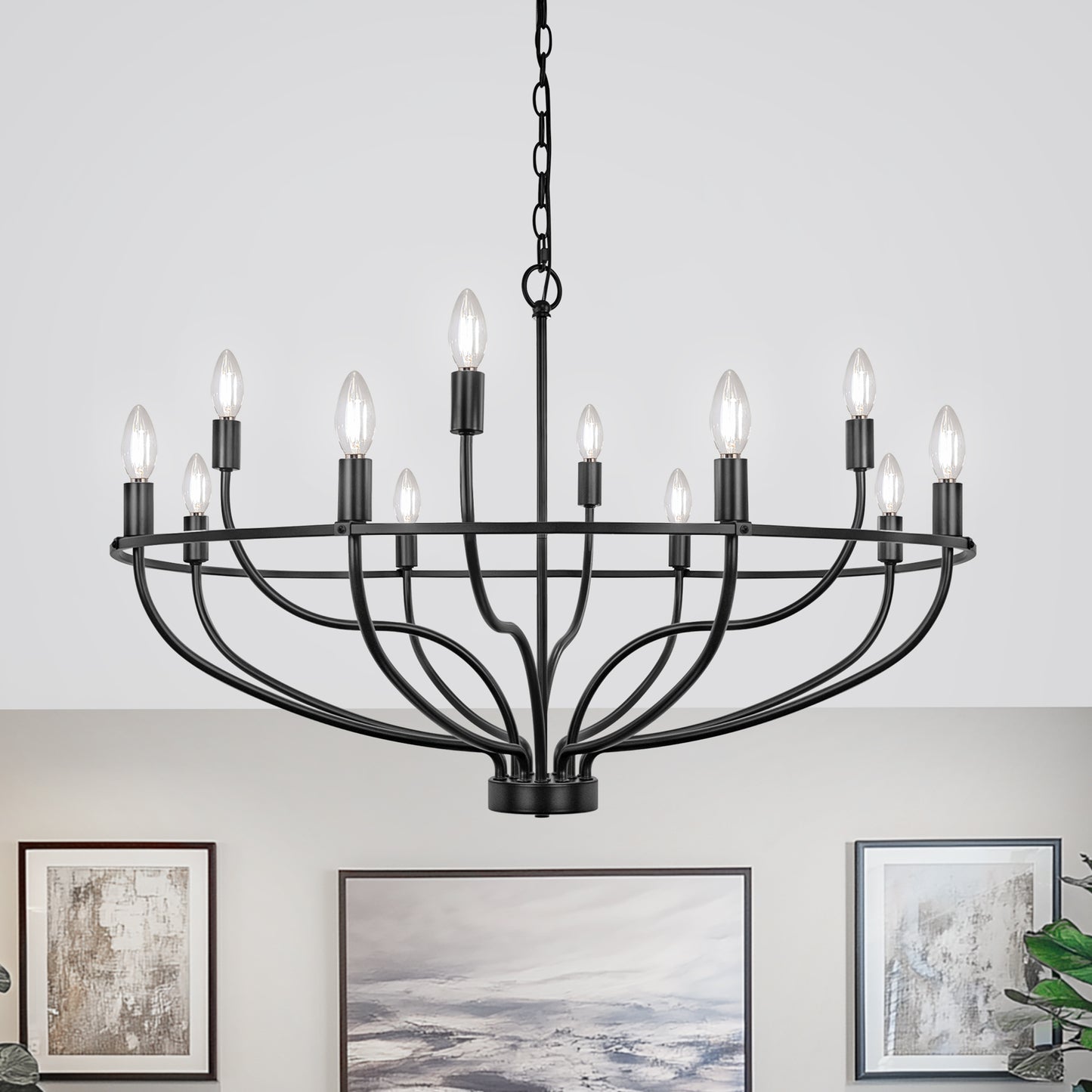 YANSUN 12-Light Black Wheel Shaped Chandelier Industrial E12 Large Circular Pendant Light Fixture for Kitchen No Bulb Included