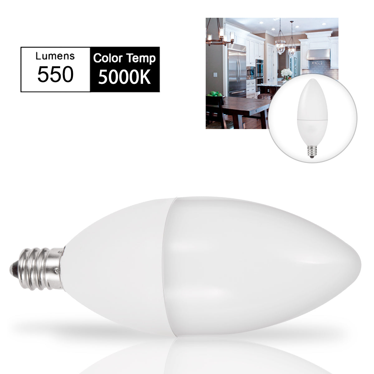 Yansun 60 Watt LED Non-Dimmable Light Bulb E12/Candelabra (Set of 6), B10 Chandelier Candle Bulbs 5000K Daylight White, 6W Type B Ceiling Fan Bulbs 470LM, Non-Dimmable, 6 Packs