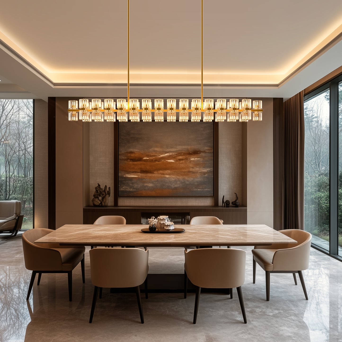 53 in. 60-Light Gold Crystal Rectangular Chandelier for Large Living Room, Dining Room