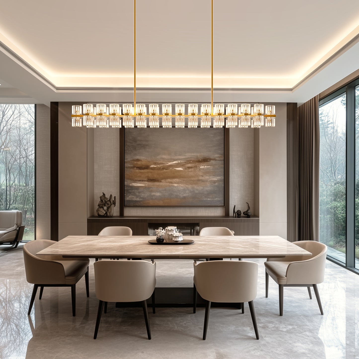 53 in. 60-Light Gold Crystal Rectangular Chandelier for Large Living Room, Dining Room