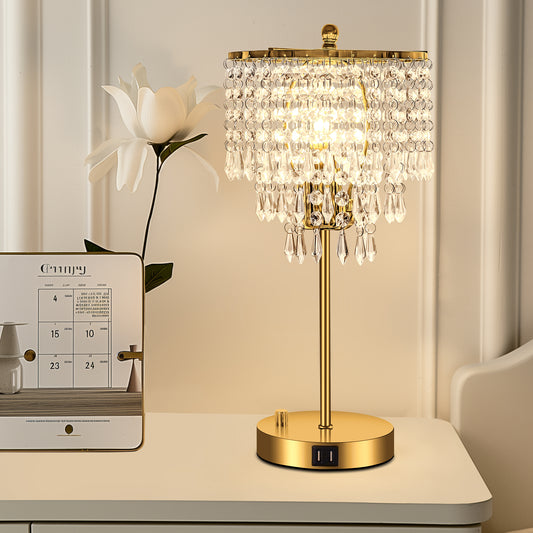 17 in. Gold LED Table Lamp Clear Crystal with 3-Way Dimmer Rotary Switch and Dual USB Charging Ports