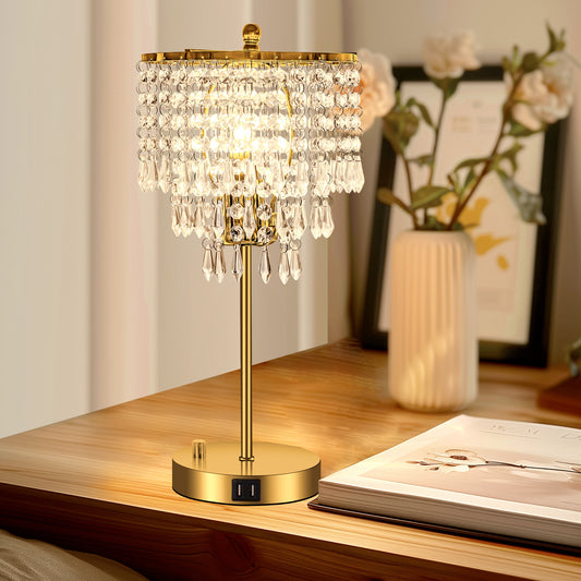 17 in. Gold LED Table Lamp Clear Crystal with 3-Way Dimmer Rotary Switch and Dual USB Charging Ports