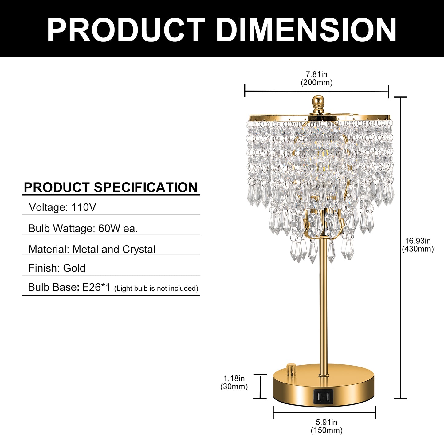 17 in. Gold LED Table Lamp Clear Crystal with 3-Way Dimmer Rotary Switch and Dual USB Charging Ports
