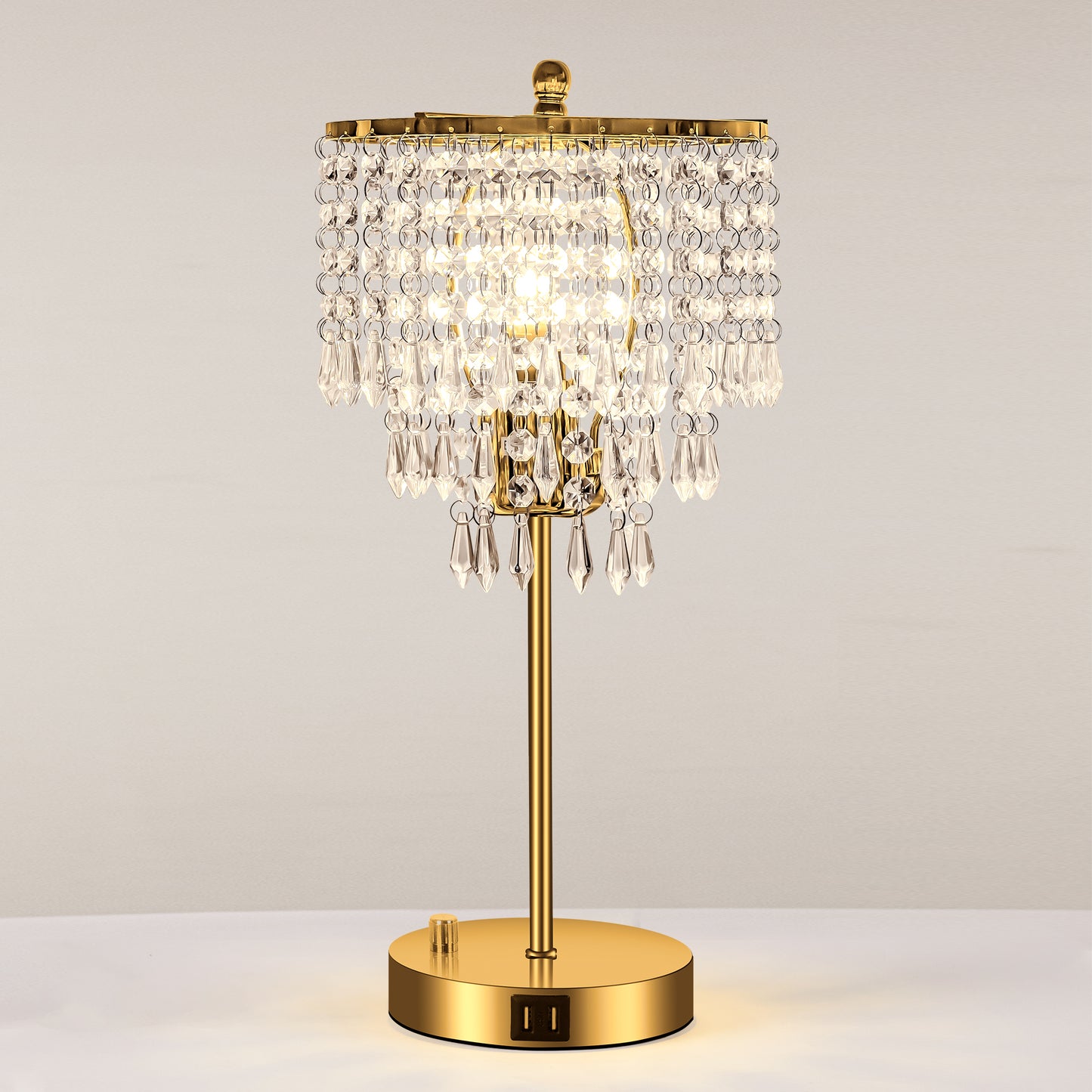 17 in. Gold LED Table Lamp Clear Crystal with 3-Way Dimmer Rotary Switch and Dual USB Charging Ports