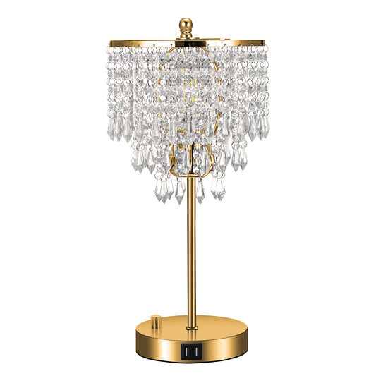 YANSUN 17 in. Crystal Dimmable Table Lamp with Dual USB Charging, Rotary Switch, and E26 for Bedroom(Light Bulbs Not Included)