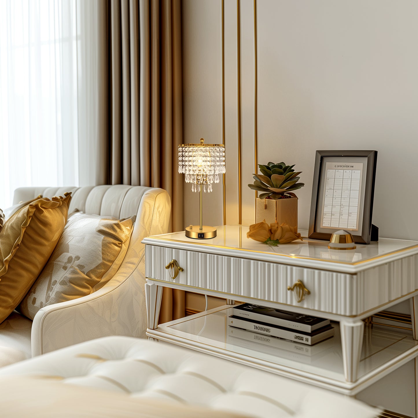 17 in. Gold LED Table Lamp Clear Crystal with 3-Way Dimmer Rotary Switch and Dual USB Charging Ports