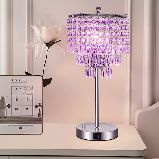 17 in. Chrome LED Integrated Table Lamp with Purple Crystal with 3-Way Dimmer Rotary Switch and Dual USB Charging Ports