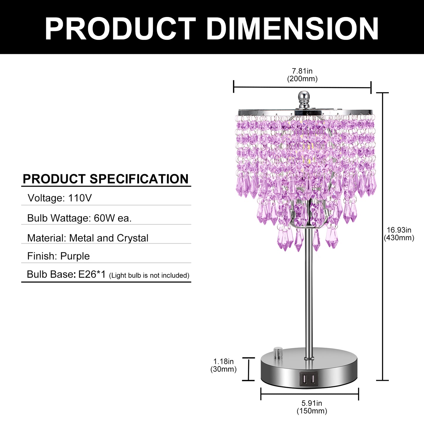 17 in. Chrome LED Integrated Table Lamp with Purple Crystal with 3-Way Dimmer Rotary Switch and Dual USB Charging Ports