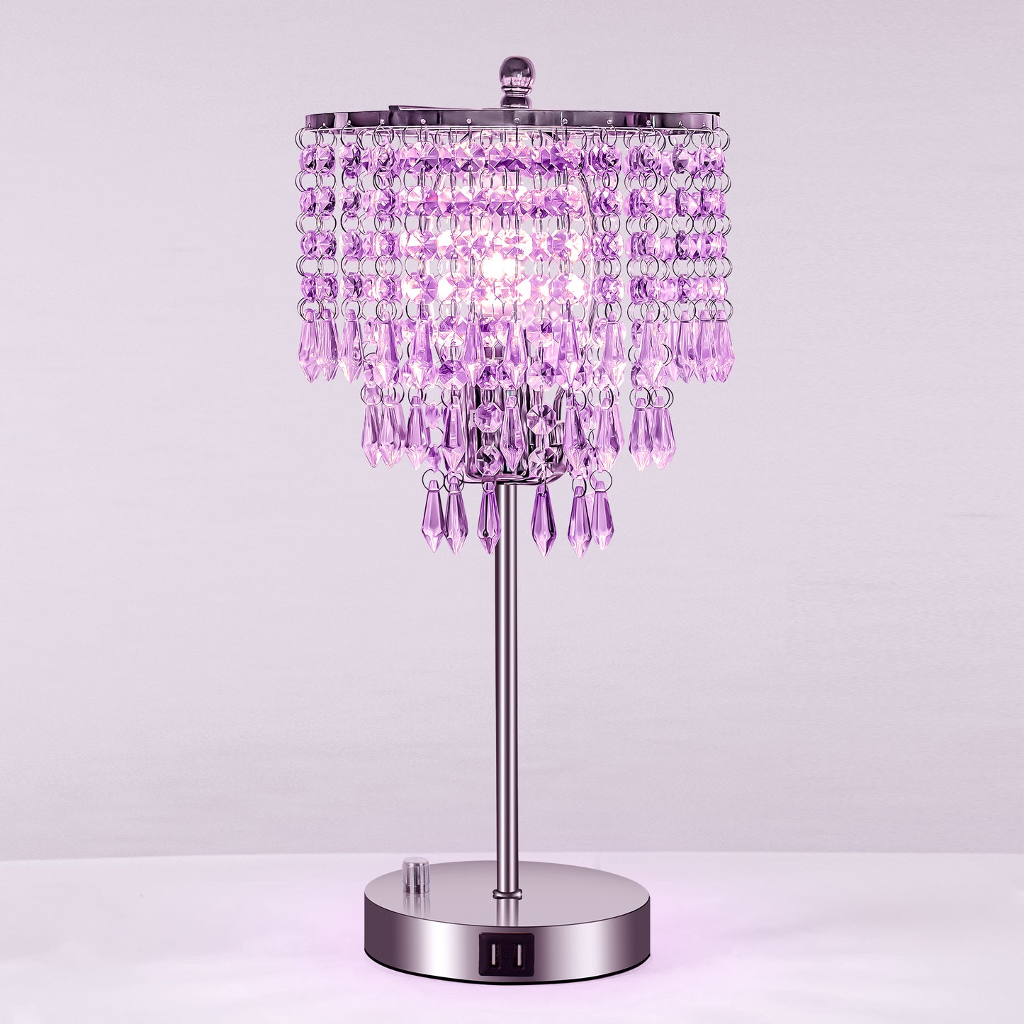 17 in. Chrome LED Integrated Table Lamp with Purple Crystal with 3-Way Dimmer Rotary Switch and Dual USB Charging Ports