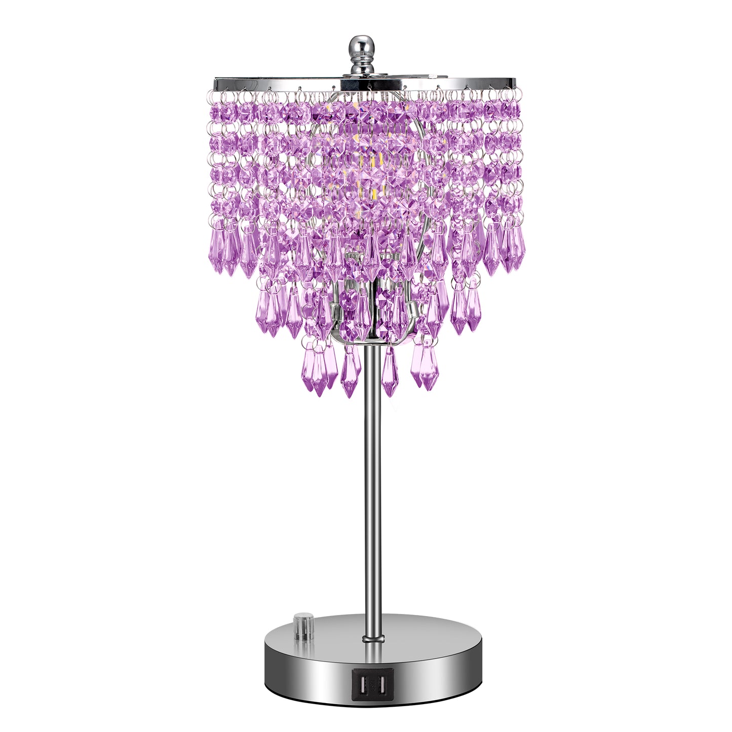17 in. Chrome LED Integrated Table Lamp with Purple Crystal with 3-Way Dimmer Rotary Switch and Dual USB Charging Ports