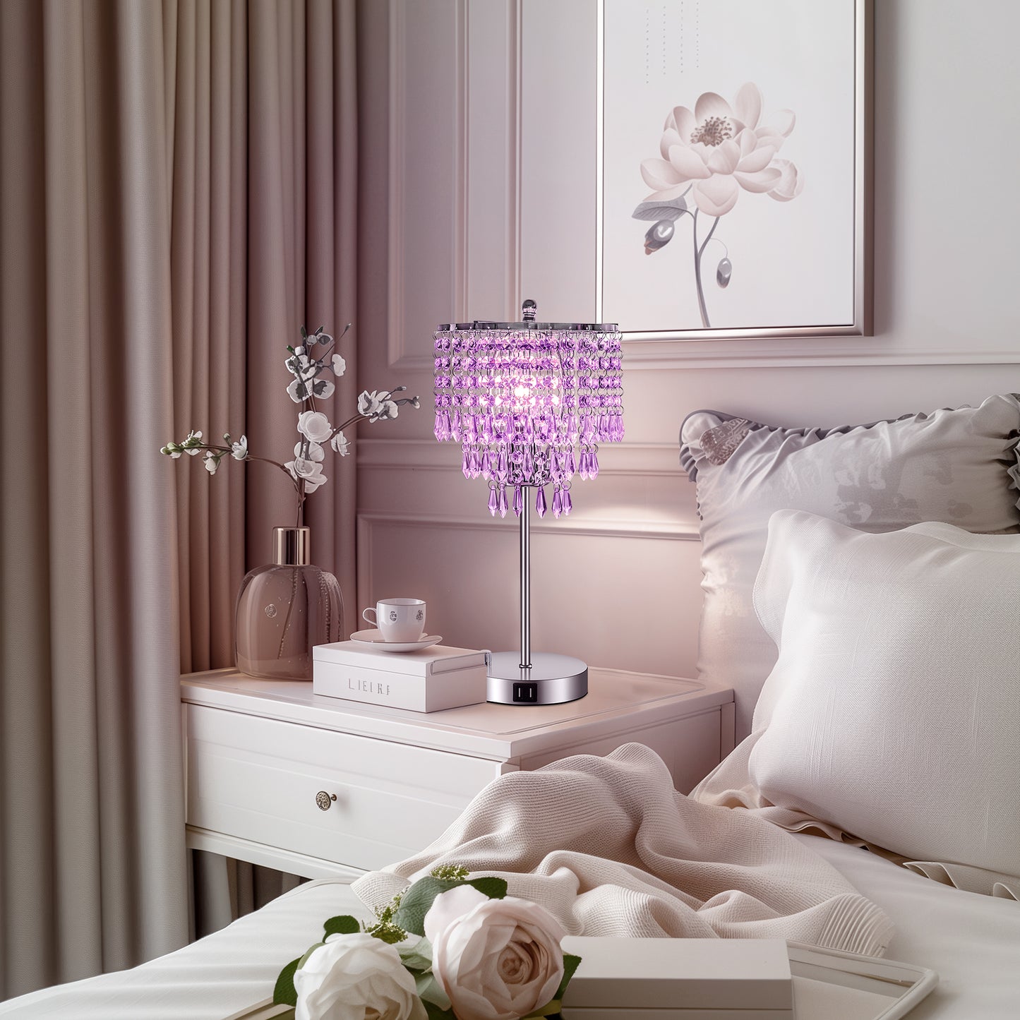 17 in. Chrome LED Integrated Table Lamp with Purple Crystal with 3-Way Dimmer Rotary Switch and Dual USB Charging Ports