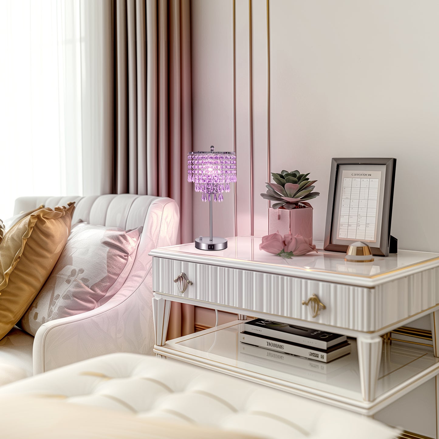 17 in. Chrome LED Integrated Table Lamp with Purple Crystal with 3-Way Dimmer Rotary Switch and Dual USB Charging Ports