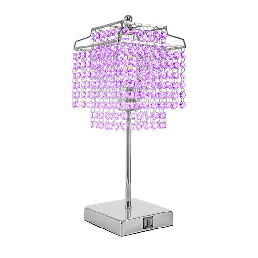 YANSUN 17.32 in. Chrome Desk Lamp with Purple Crystal No Bulb Included Dimmable Lamp with Dual USB Port and E26 Socket