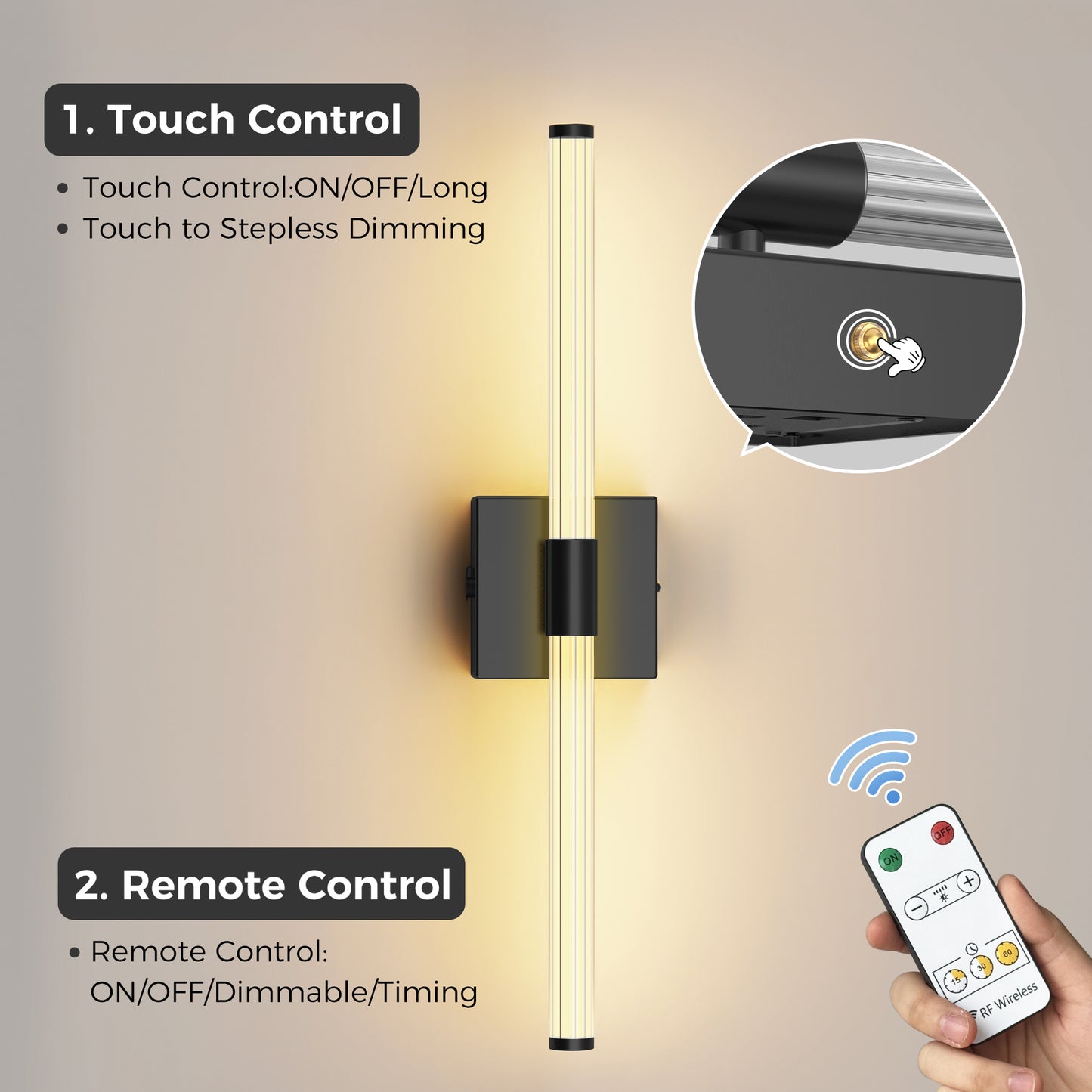 24 in. Black 1-Light LED Wall Sconce Set, Wireless Rechargeable Vanity Light Bar for Bedroom and Bathroom 2 Pack
