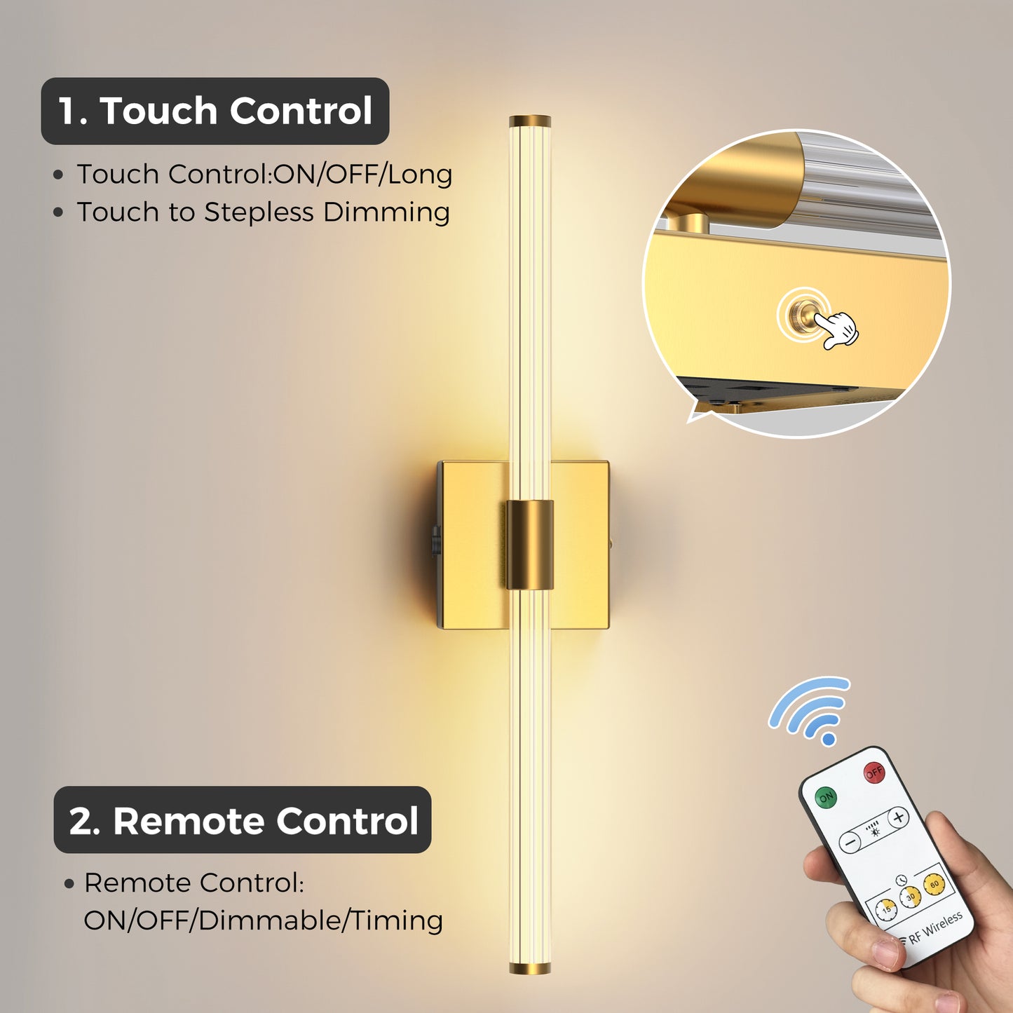 24 in. Gold 1-Light LED Wall Sconce Set, Wireless Rechargeable Vanity Light Bar for Bedroom and Bathroom