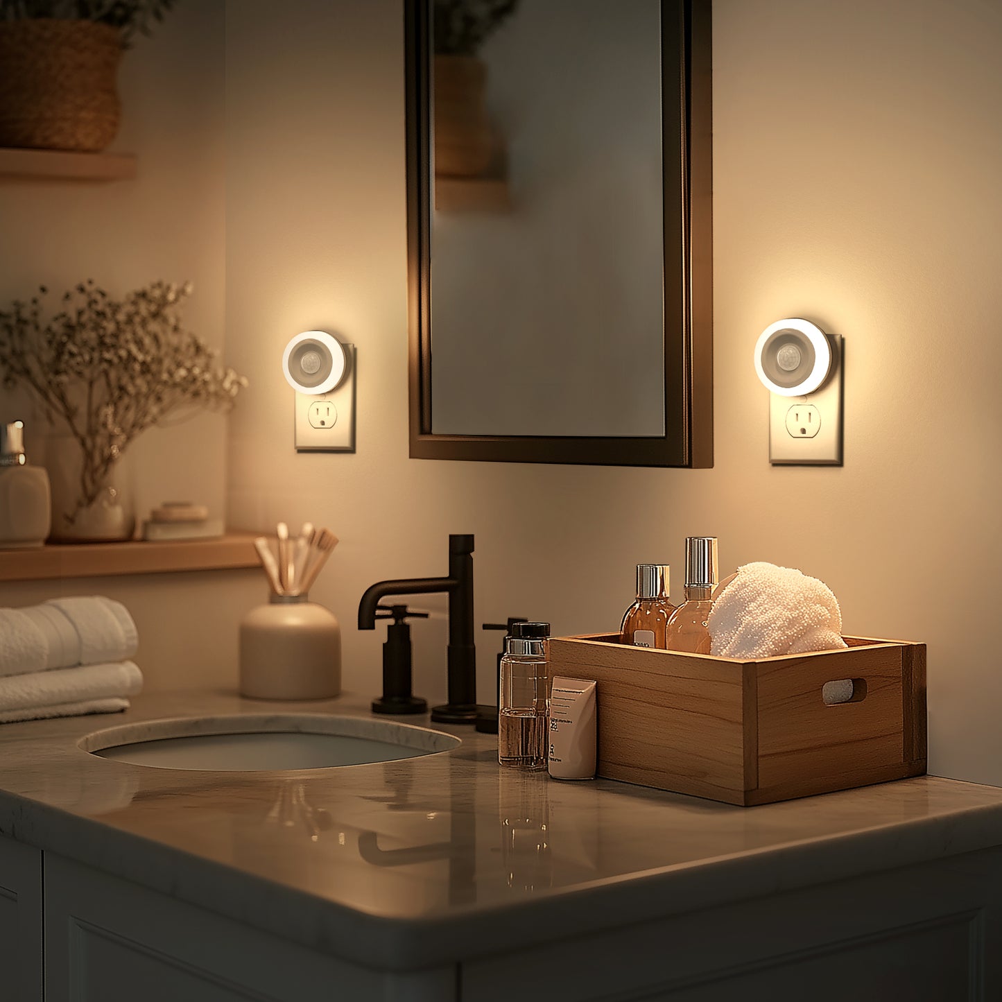 1-Light Motion Sensor Night Light Plug in 0. 6W Warm White, Automatic On/Off for Bedroom, Bathroom, Kids Room 2-Pack