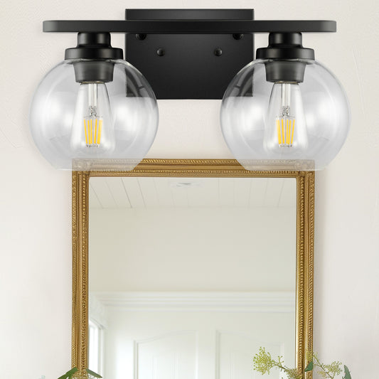 16 in. 2-Light Industrial Matte Black Bathroom Vanity Light, Open Globe Clear Glass Wall Sconce