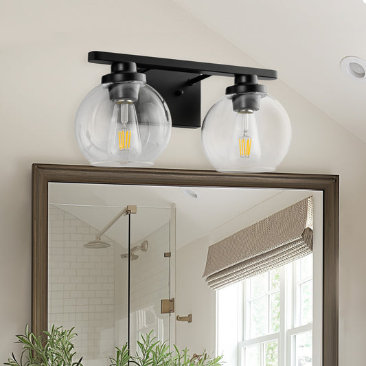 16 in. 2-Light Industrial Matte Black Bathroom Vanity Light, Open Globe Clear Glass Wall Sconce