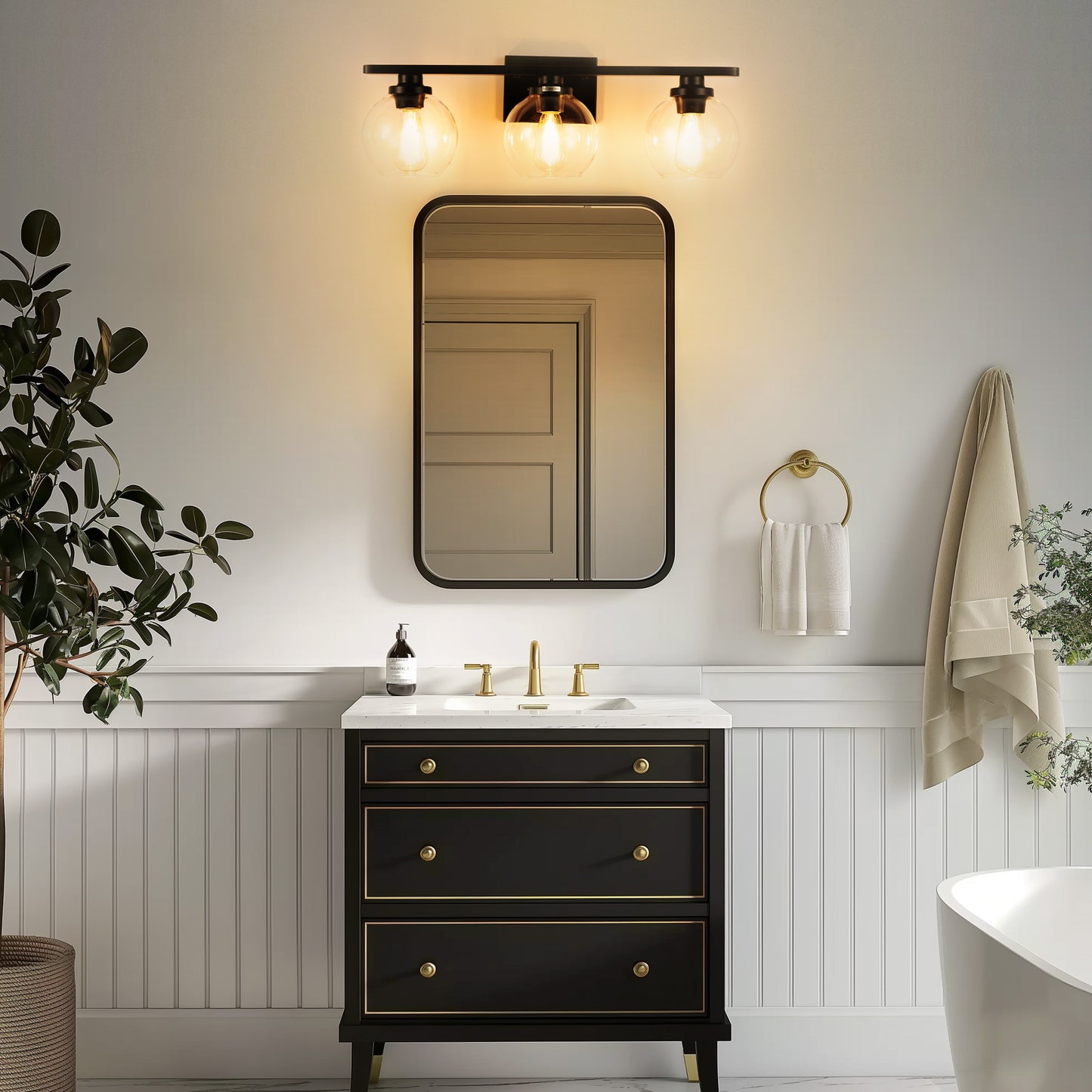 Elegant 25 in. 3-Light Matte Black Bathroom Vanity Light, Modern Farmhouse Wall Sconce with Open Globe Glass Shades
