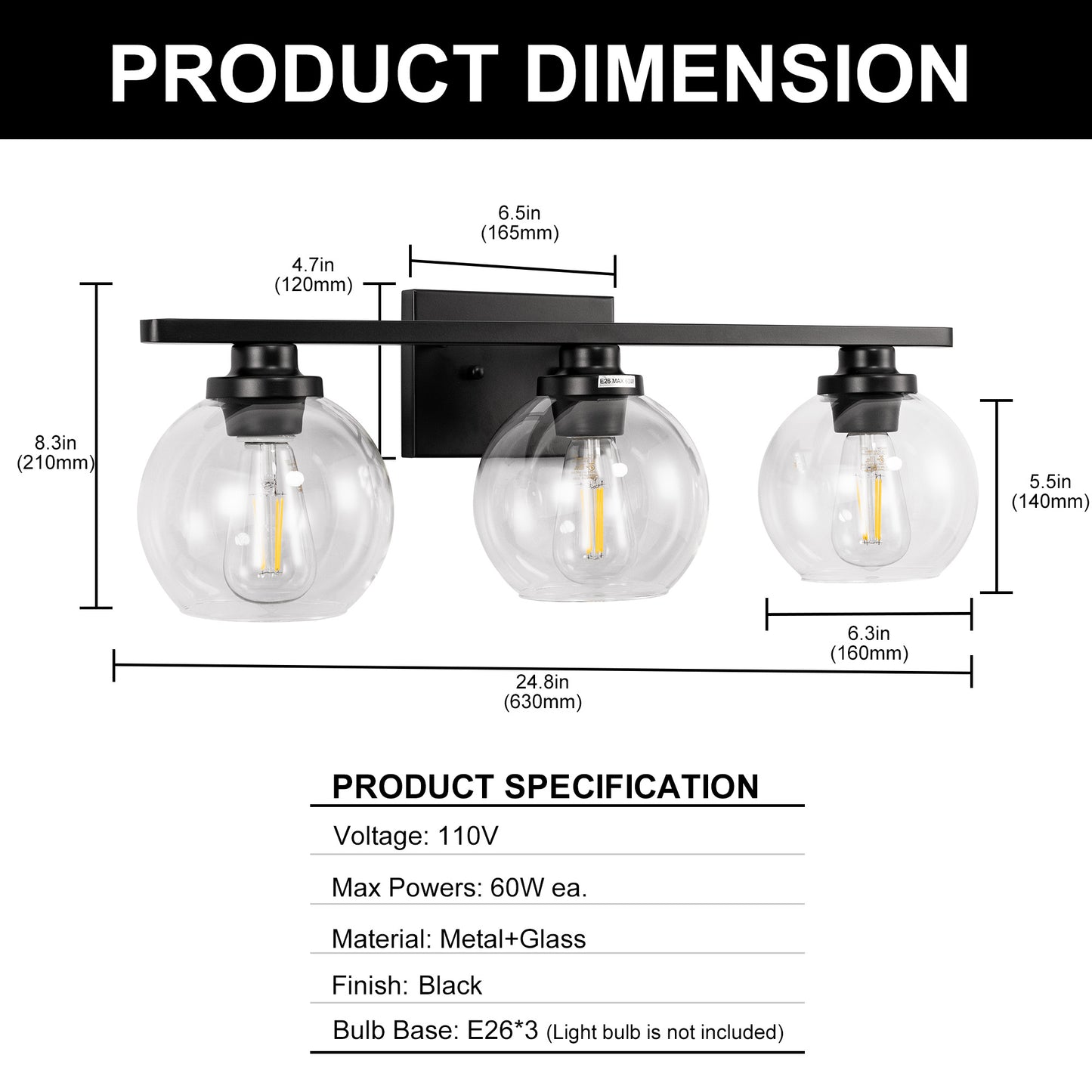 Elegant 25 in. 3-Light Matte Black Bathroom Vanity Light, Modern Farmhouse Wall Sconce with Open Globe Glass Shades