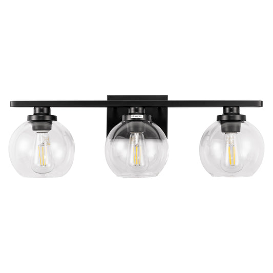Elegant 25 in. 3-Light Matte Black Bathroom Vanity Light, Modern Farmhouse Wall Sconce with Open Globe Glass Shades