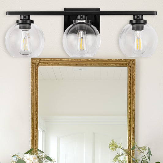Elegant 25 in. 3-Light Matte Black Bathroom Vanity Light, Modern Farmhouse Wall Sconce with Open Globe Glass Shades