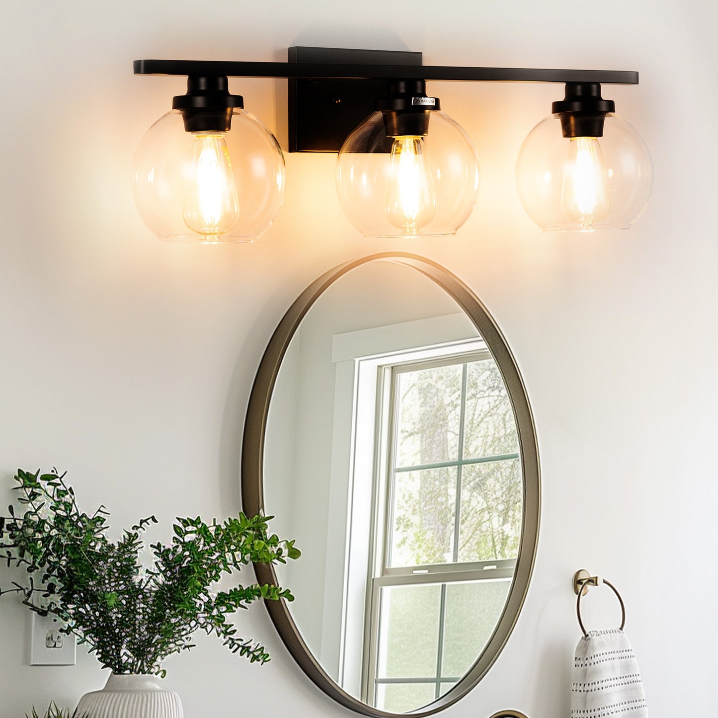 Elegant 25 in. 3-Light Matte Black Bathroom Vanity Light, Modern Farmhouse Wall Sconce with Open Globe Glass Shades