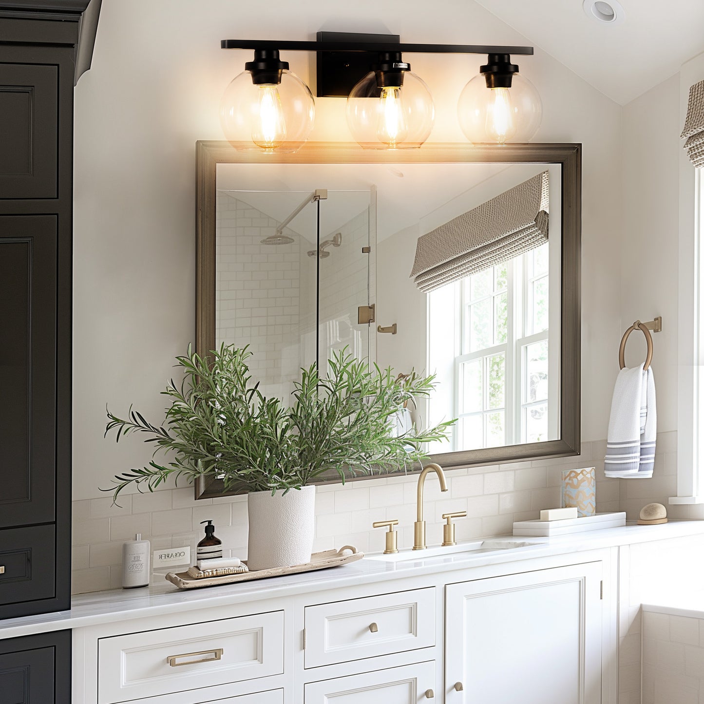 Elegant 25 in. 3-Light Matte Black Bathroom Vanity Light, Modern Farmhouse Wall Sconce with Open Globe Glass Shades