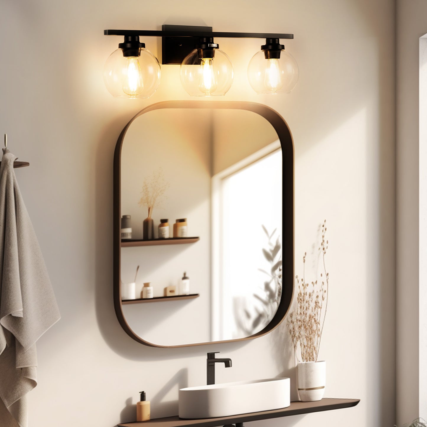 Elegant 25 in. 3-Light Matte Black Bathroom Vanity Light, Modern Farmhouse Wall Sconce with Open Globe Glass Shades