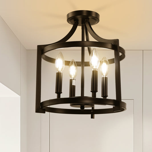 4-Light Black Drum Pendant Light, Convertible Semi Flush Mount Ceilingfor Dining Room,Bedroom, Foyer, Entryway