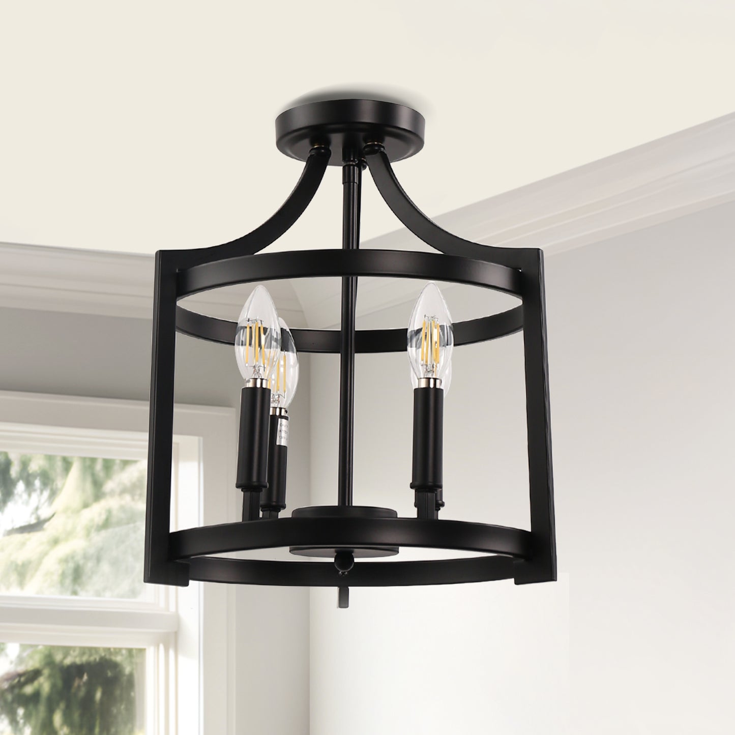 4-Light Black Drum Pendant Light, Convertible Semi Flush Mount Ceilingfor Dining Room,Bedroom, Foyer, Entryway
