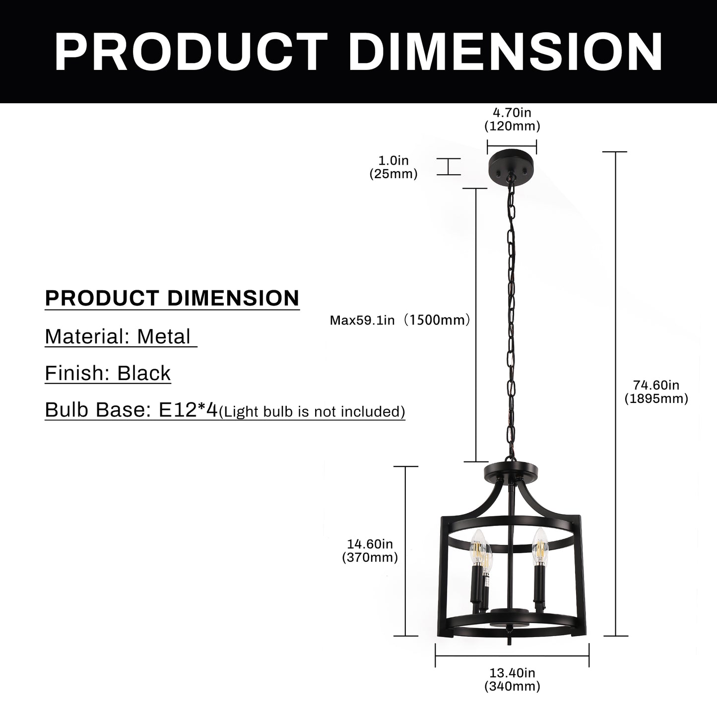 4-Light Black Drum Pendant Light, Convertible Semi Flush Mount Ceilingfor Dining Room,Bedroom, Foyer, Entryway
