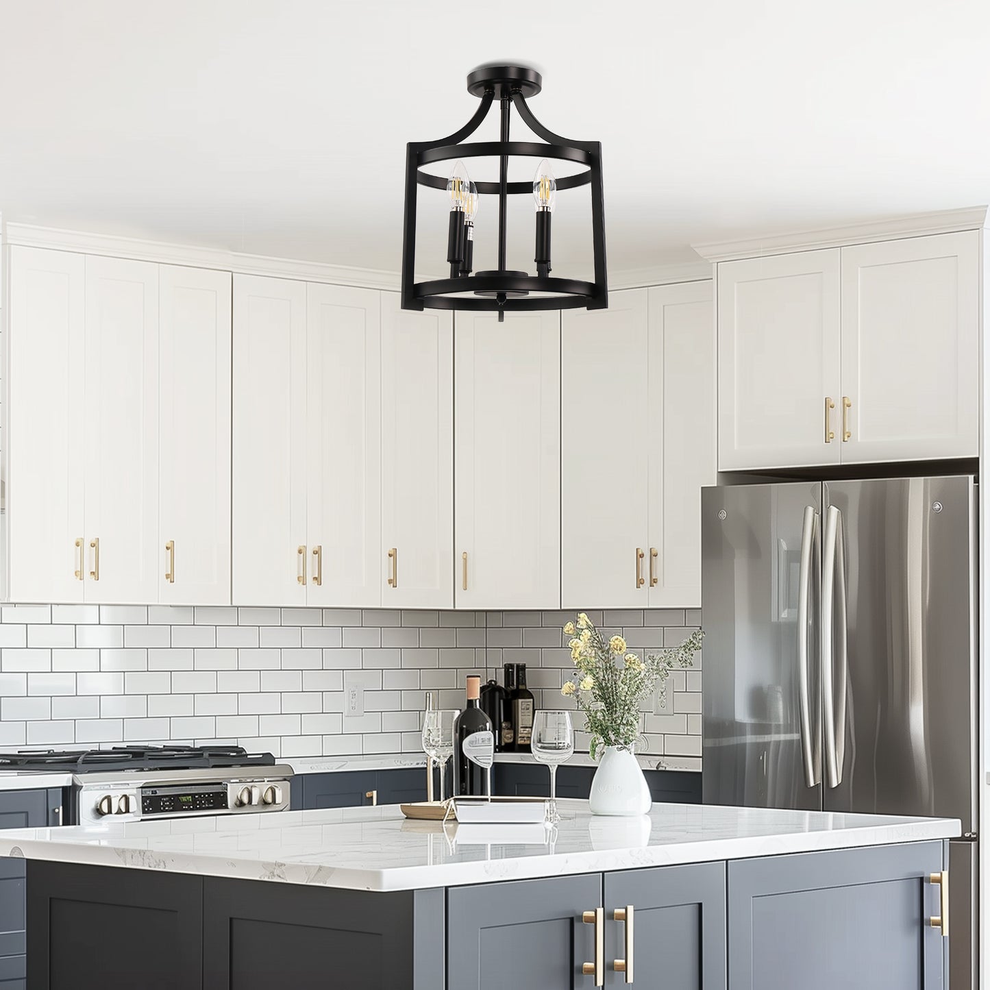 4-Light Black Drum Pendant Light, Convertible Semi Flush Mount Ceilingfor Dining Room,Bedroom, Foyer, Entryway