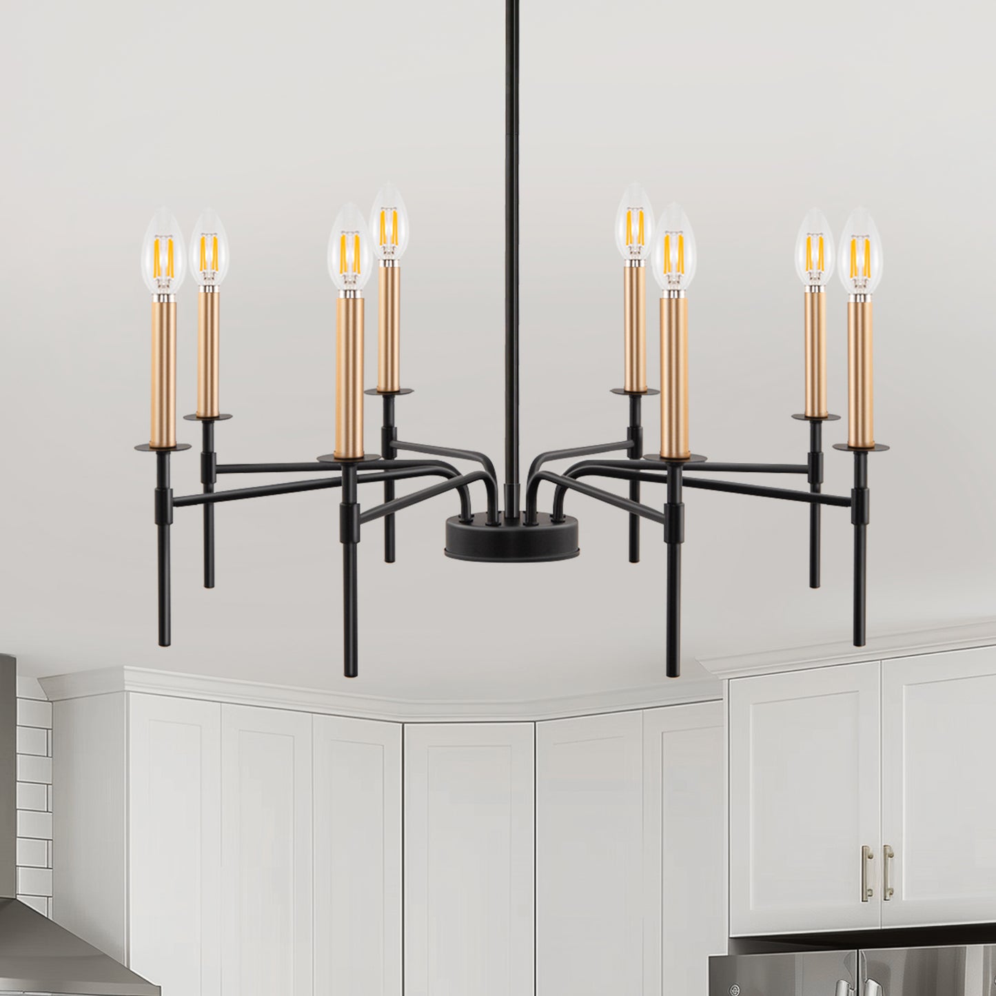8 Light Modern Farmhouse Black and Gold Chandelier for Dining Room Over Table,Hanging Ceiling Candle Chandeliers