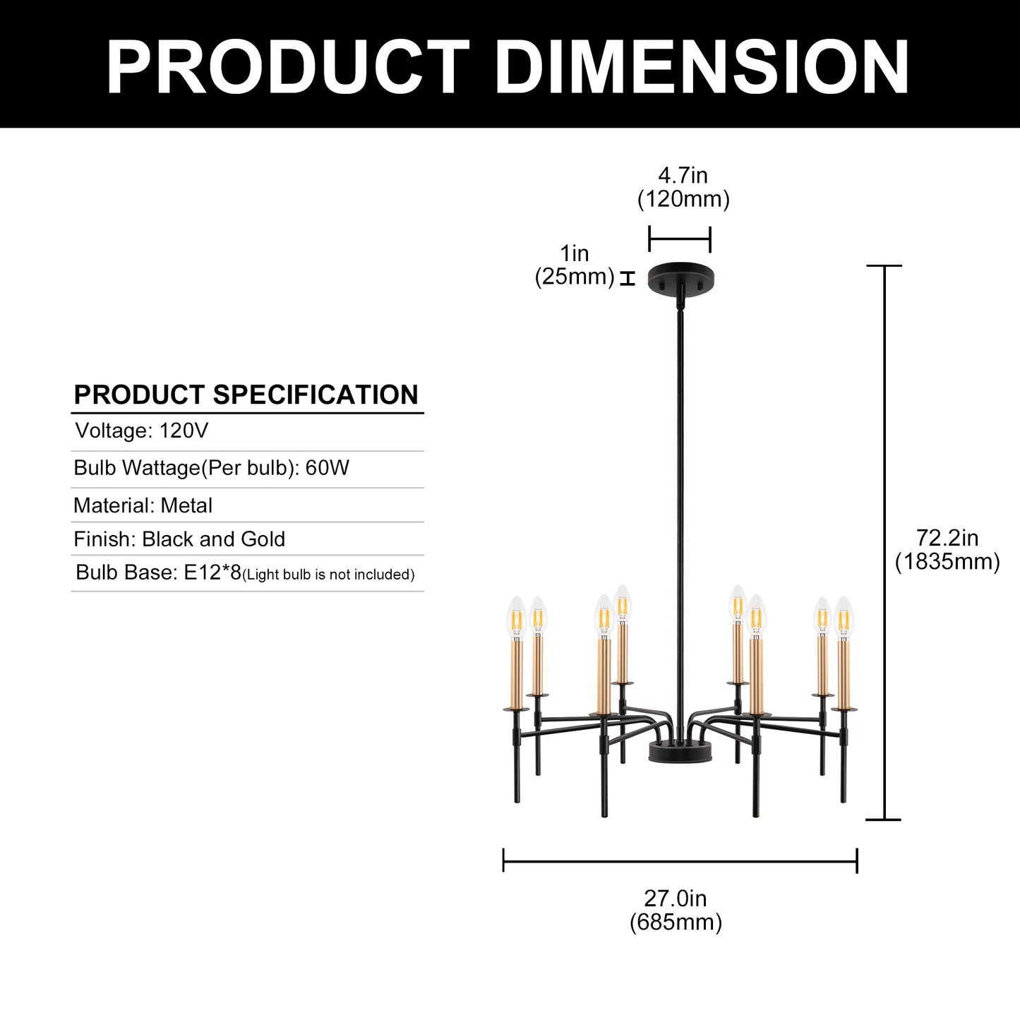 8 Light Modern Farmhouse Black and Gold Chandelier for Dining Room Over Table,Hanging Ceiling Candle Chandeliers