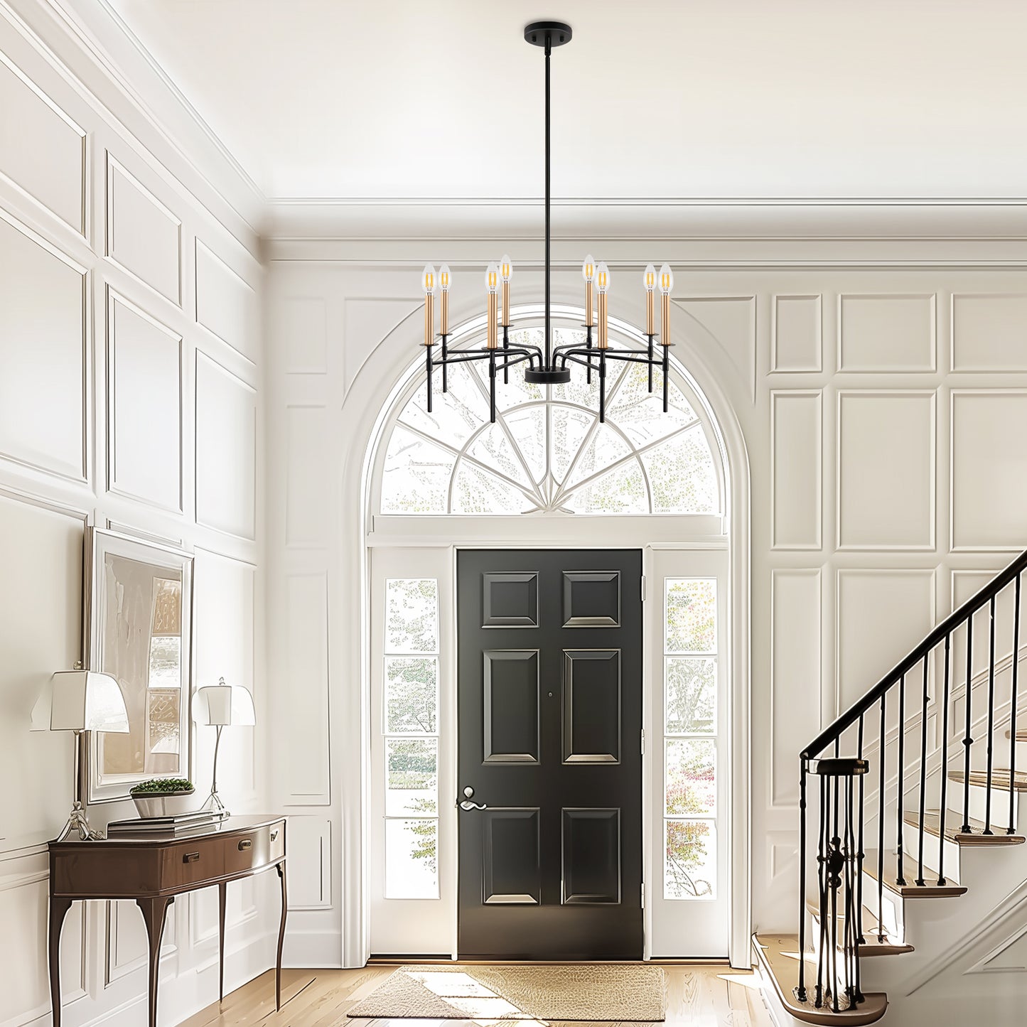 8 Light Modern Farmhouse Black and Gold Chandelier for Dining Room Over Table,Hanging Ceiling Candle Chandeliers
