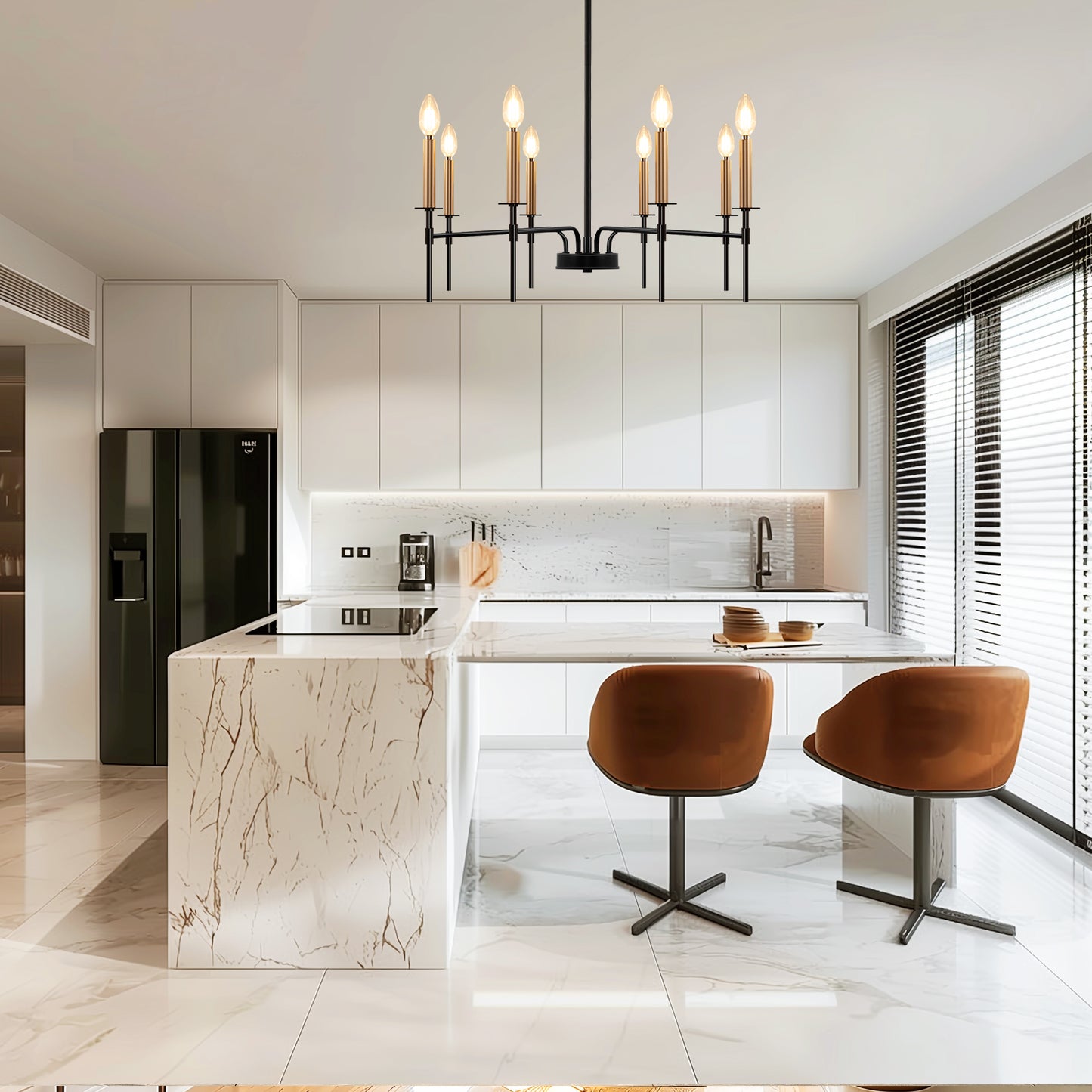 8 Light Modern Farmhouse Black and Gold Chandelier for Dining Room Over Table,Hanging Ceiling Candle Chandeliers