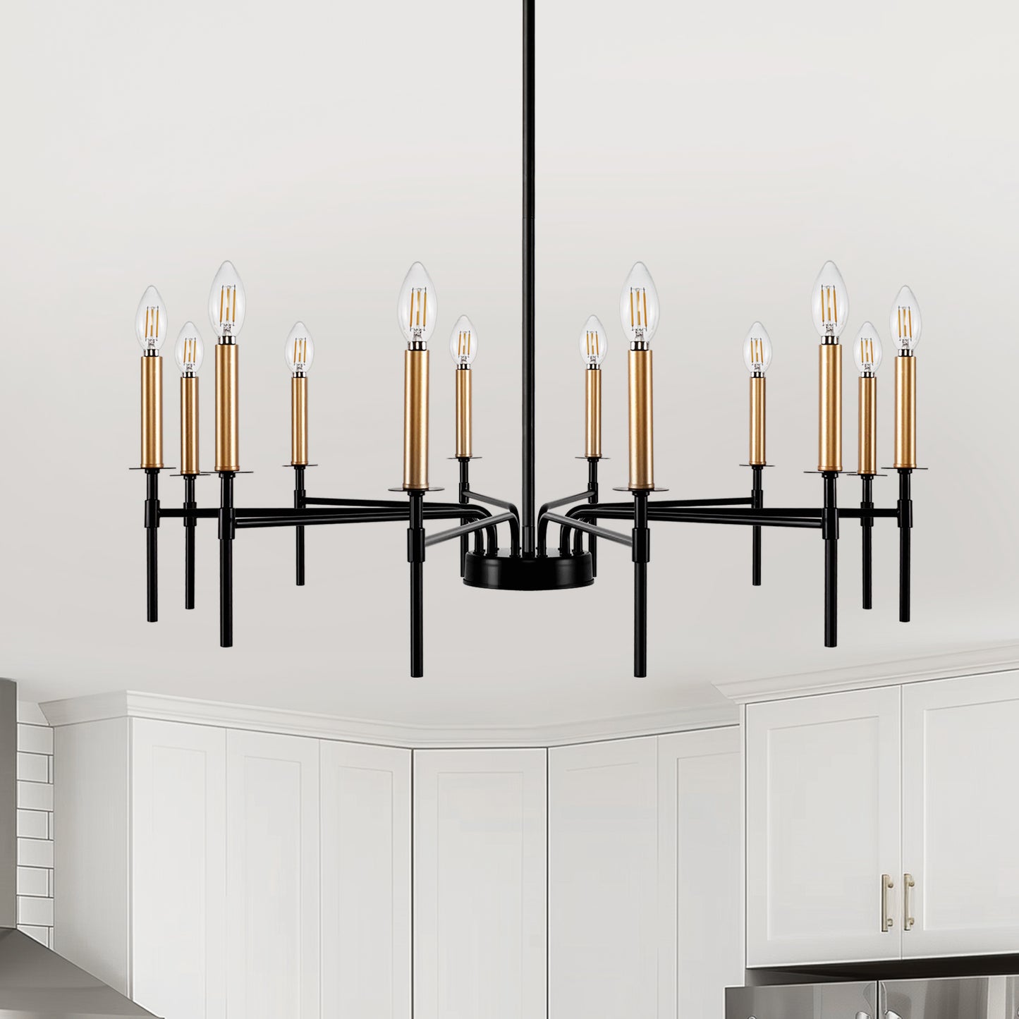 12-Light Modern Farmhouse Black and Gold Chandelier for Dining Room Over Table,Hanging Ceiling Candle Chandeliers