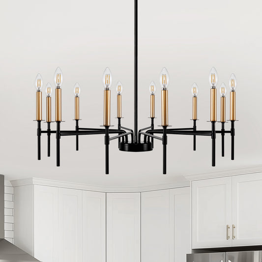 12-Light Modern Farmhouse Black and Gold Chandelier for Dining Room Over Table,Hanging Ceiling Candle Chandeliers