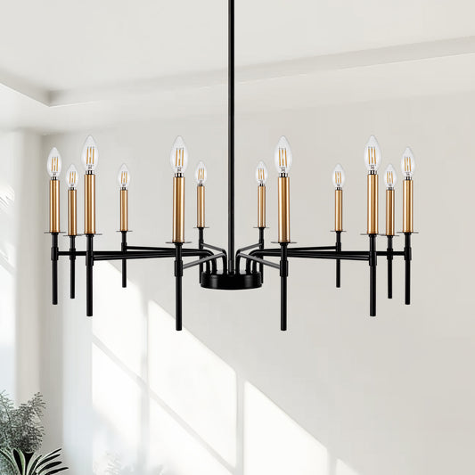 12-Light Modern Farmhouse Black and Gold Chandelier for Dining Room Over Table,Hanging Ceiling Candle Chandeliers