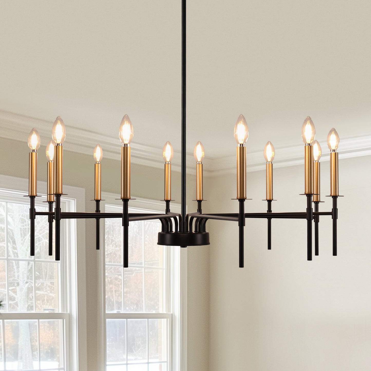 12-Light Modern Farmhouse Black and Gold Chandelier for Dining Room Over Table,Hanging Ceiling Candle Chandeliers