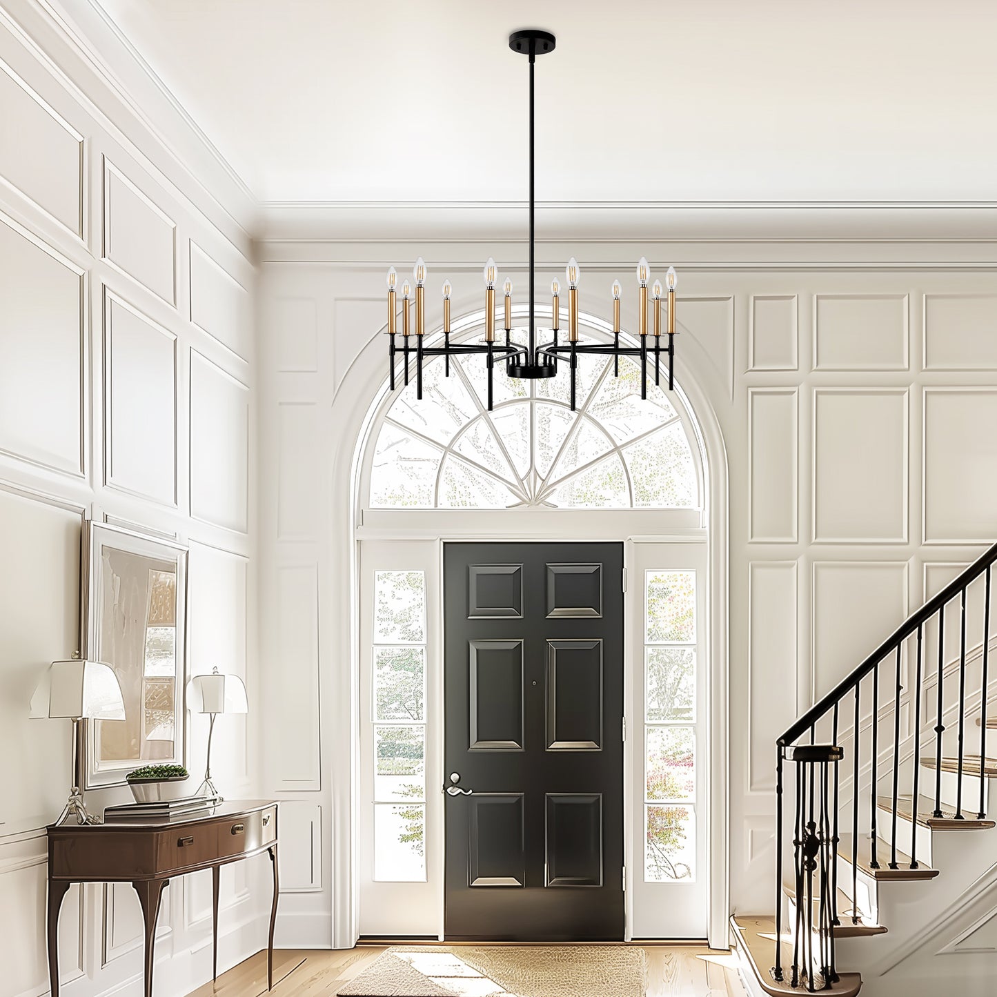 12-Light Modern Farmhouse Black and Gold Chandelier for Dining Room Over Table,Hanging Ceiling Candle Chandeliers