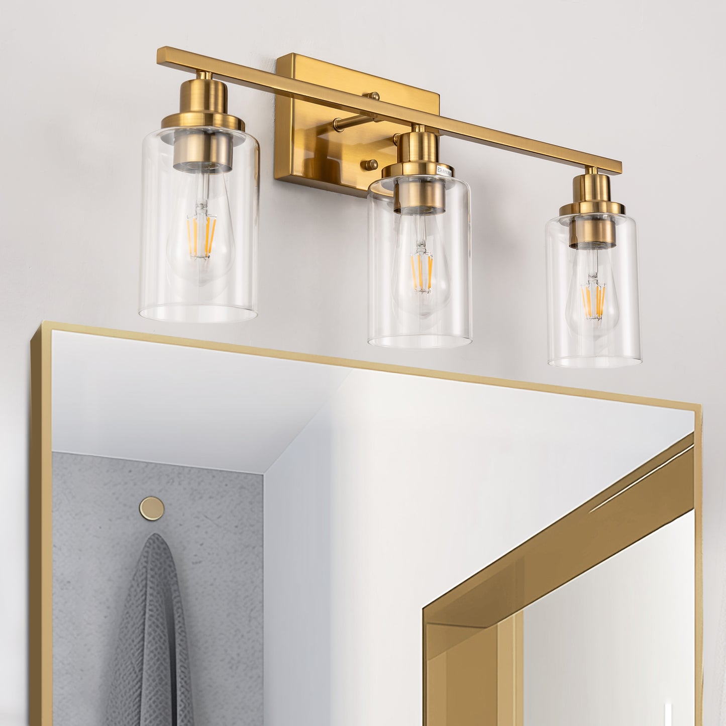 24 in. 3-Light Industrial Gold Vanity Light Fixtures for Bathroom with Clear Glass Shades