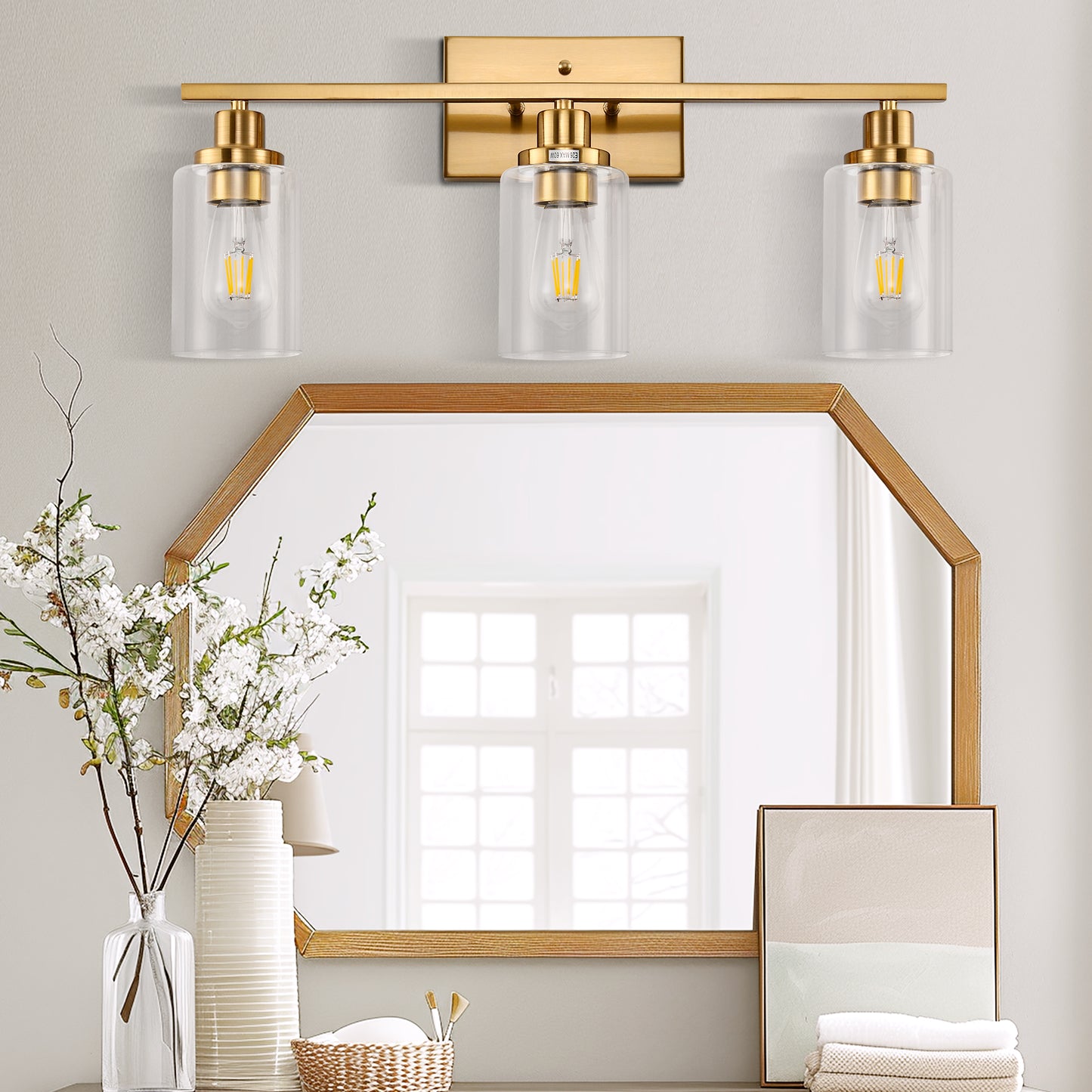 24 in. 3-Light Industrial Gold Vanity Light Fixtures for Bathroom with Clear Glass Shades