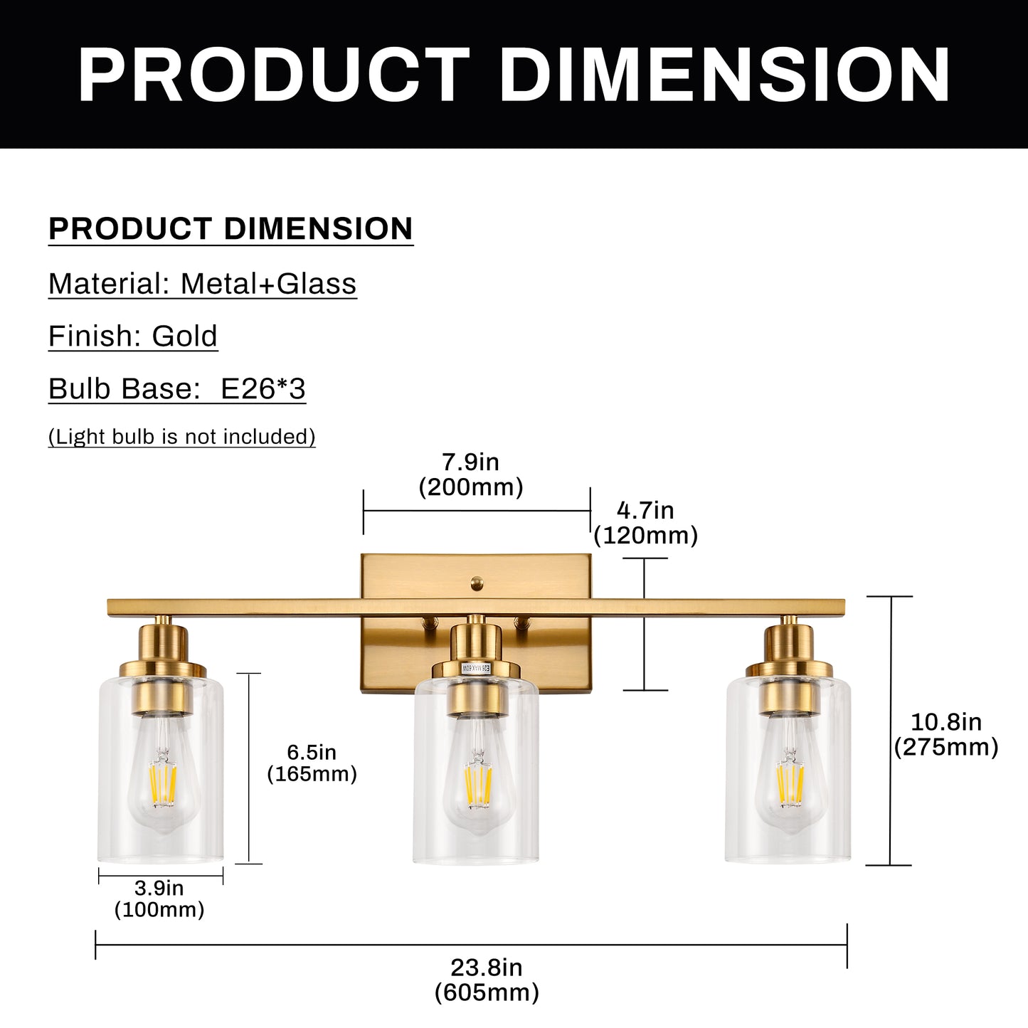 24 in. 3-Light Industrial Gold Vanity Light Fixtures for Bathroom with Clear Glass Shades