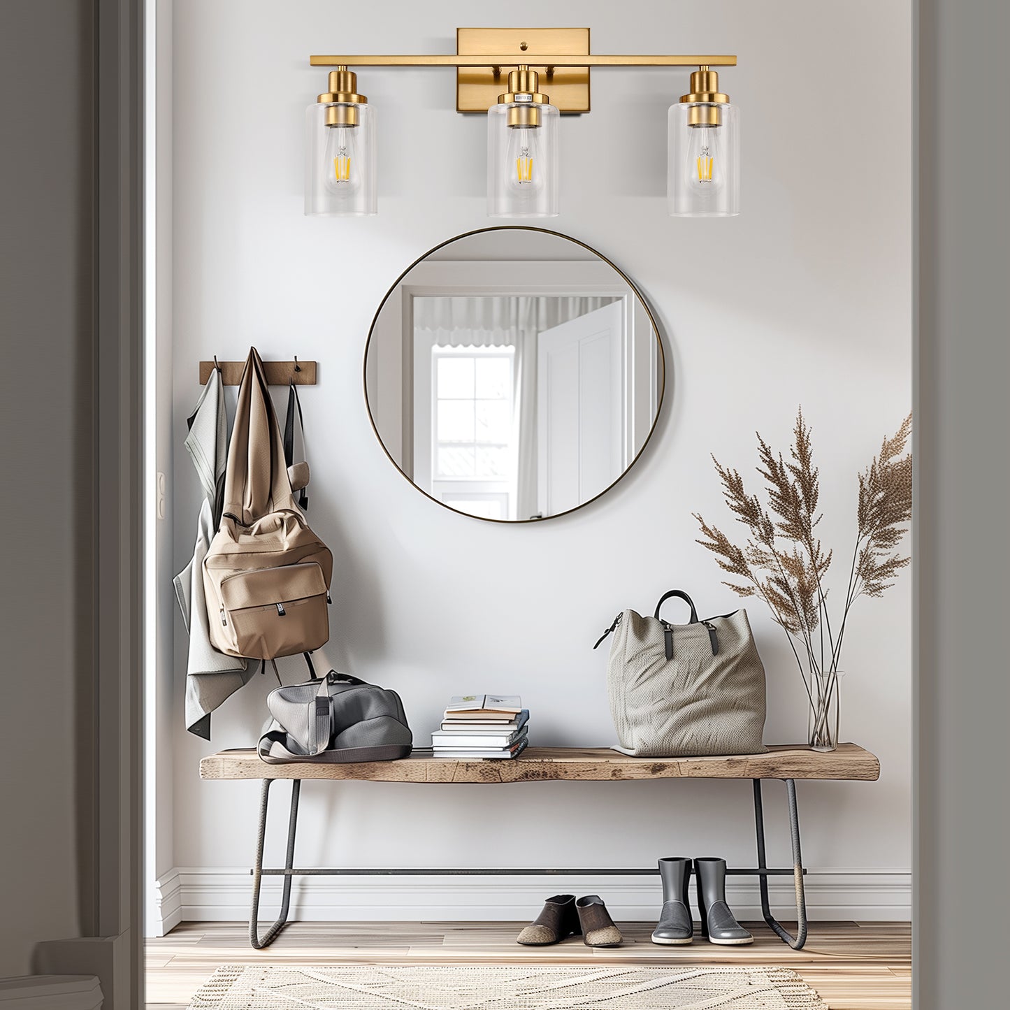 24 in. 3-Light Industrial Gold Vanity Light Fixtures for Bathroom with Clear Glass Shades