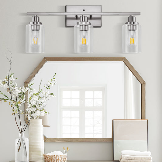 24 in. 3-Light Industrial Brushed Nickel Vanity Light Fixtures for Bathroom with Clear Glass Shades