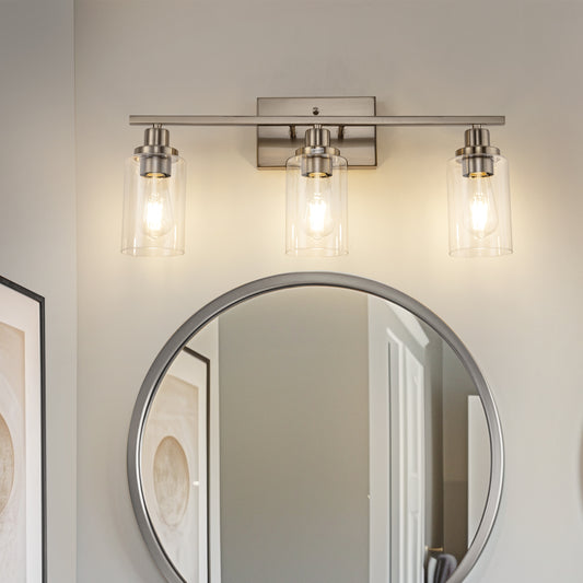 24 in. 3-Light Industrial Brushed Nickel Vanity Light Fixtures for Bathroom with Clear Glass Shades